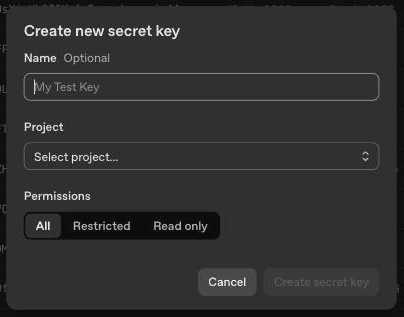 Fenêtre Create new secret key d’OpenAI avec les champs Name, Project et Permissions