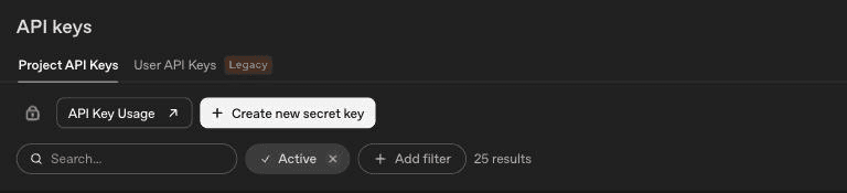 Haut de la page API keys d’OpenAI avec le bouton Create new secret key