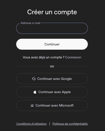 Écran de création de compte OpenAI avec le champ adresse e-mail et les boutons Google, Apple et Microsoft