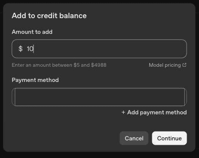 Fenêtre Add to credit balance d’OpenAI avec le champ Amount to add et le moyen de paiement