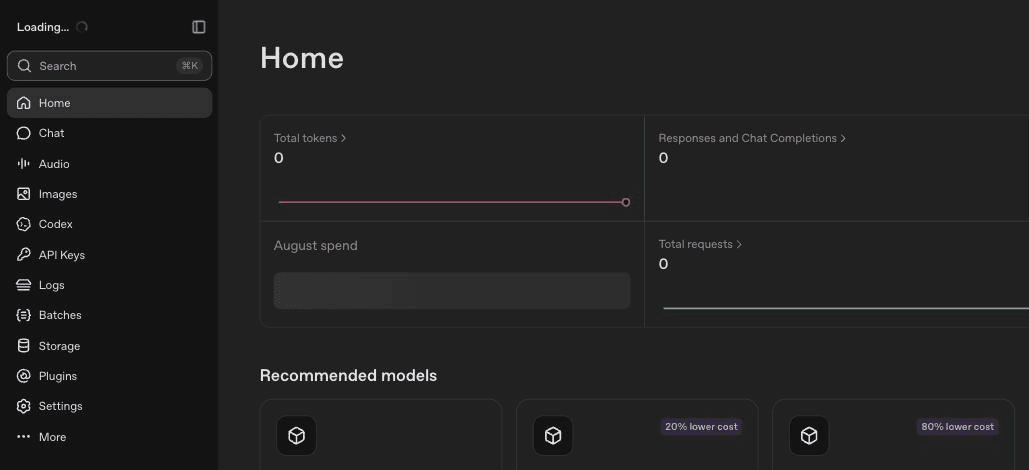 Tableau de bord de platform.openai.com avec le menu de gauche Home, Chat, API Keys, Logs et Settings
